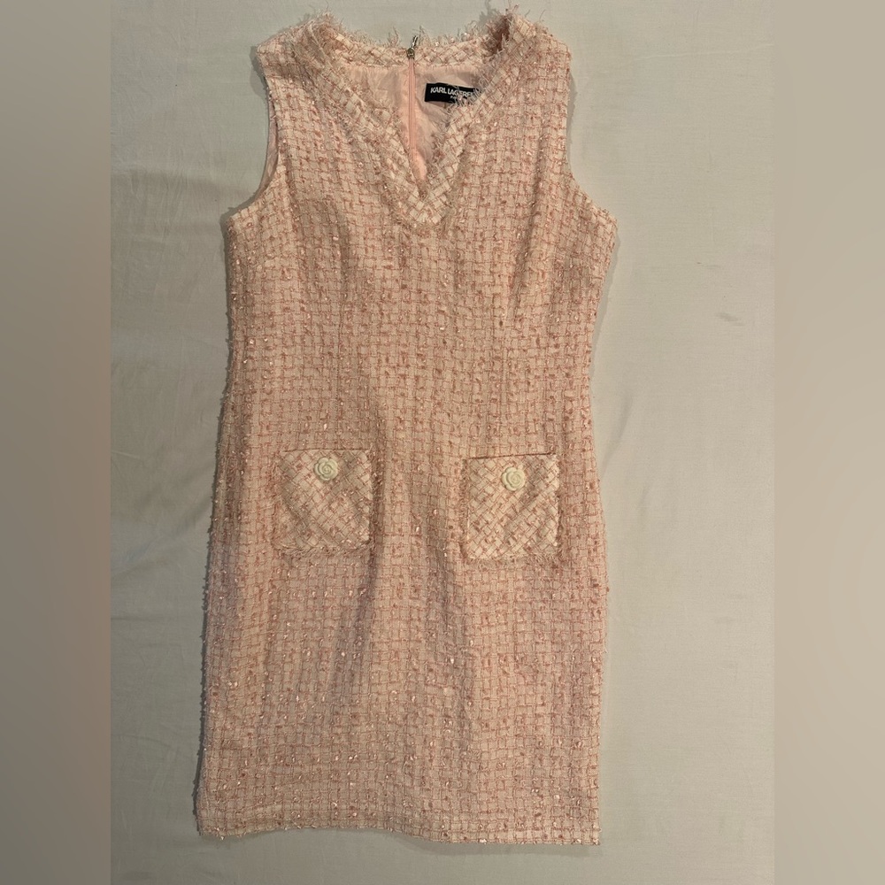 Karl Lagerfeld Tweed Pink Sheath Dress Rose Detail Buttons Size 10